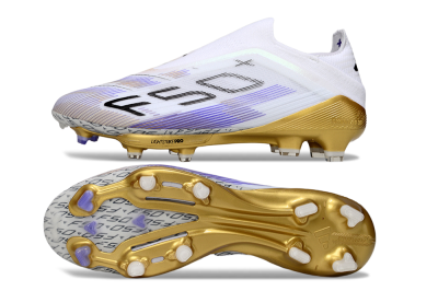 Men's Adidas F50+ Elite Lightstrike Pro Laceless FG Football Boots - White/Purple/Gold