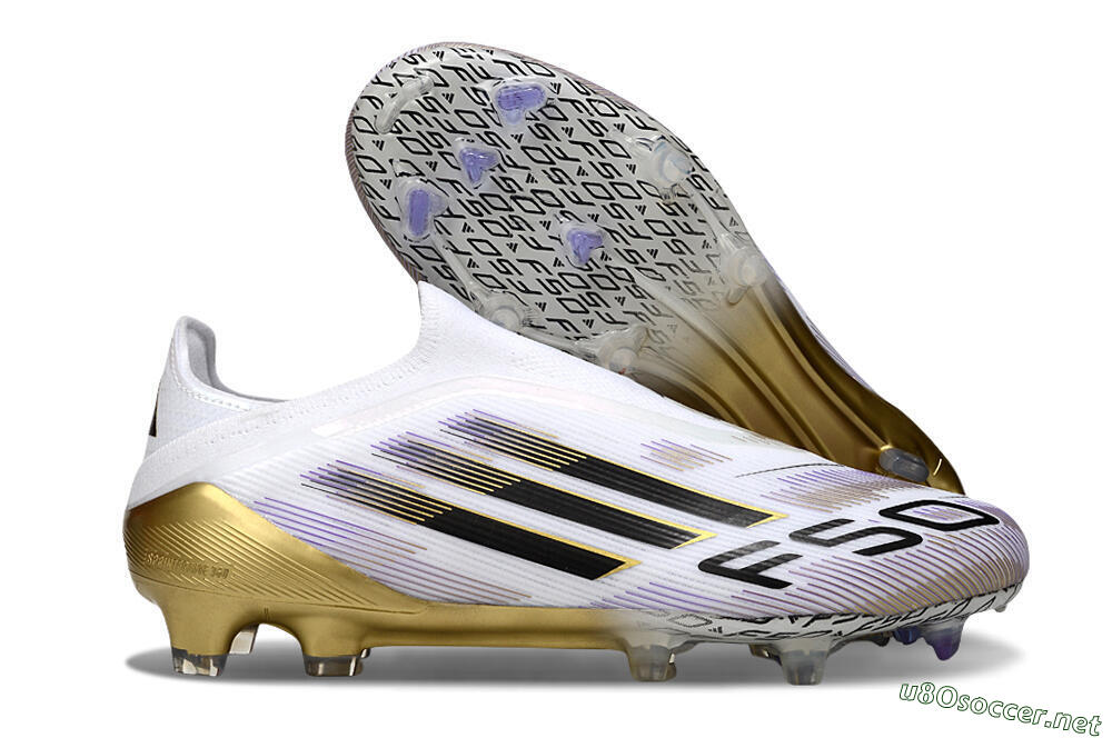 Men's Adidas F50 Elite Laceless FG Football Boots - White/Black/Purple/Gold 2