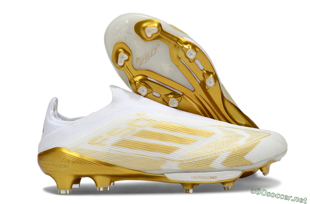 Men's Adidas F50+ Elite Lightstrike Pro Laceless FG Football Boots - White/Gold 2