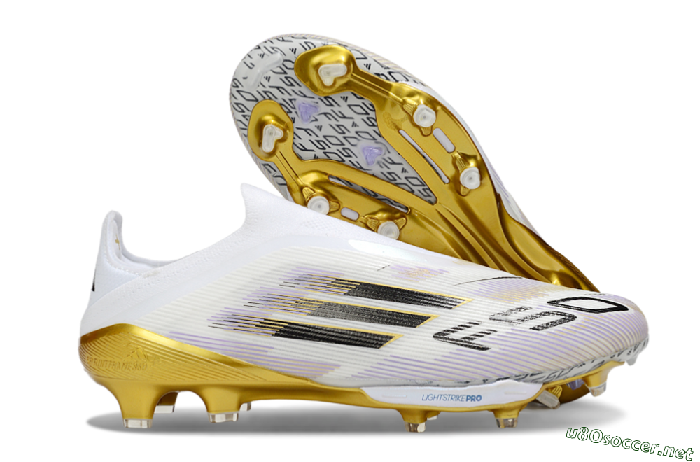 Men's Adidas F50+ Elite Lightstrike Pro Laceless FG Football Boots - White/Black/Gold 2