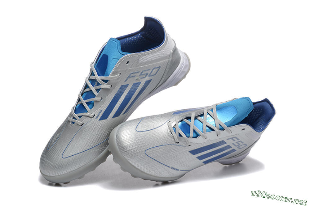 Men's Adidas F50 Pro TF Football Shoes - Silver/Blue/White 3