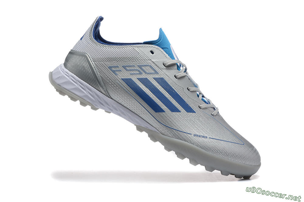 Men's Adidas F50 Pro TF Football Shoes - Silver/Blue/White 4