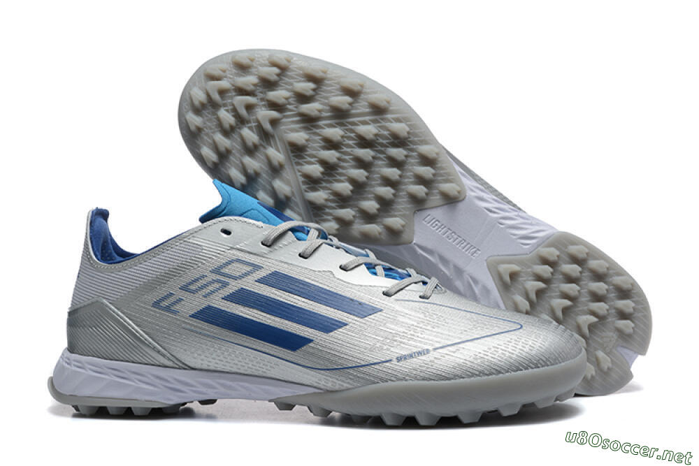 Men's Adidas F50 Pro TF Football Shoes - Silver/Blue/White 2