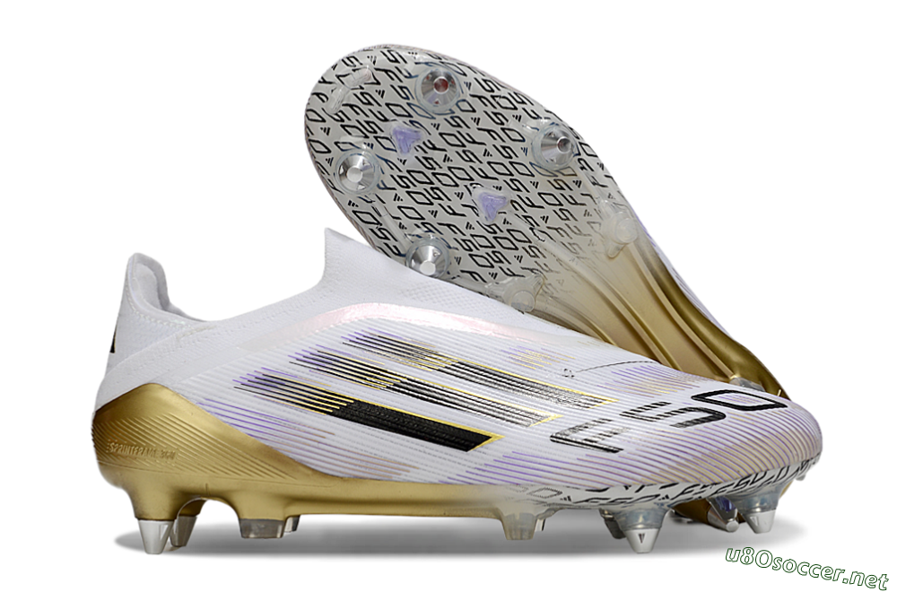 Men's Adidas F50 Elite Laceless SG Football Boots - White/Purple/Gold 2