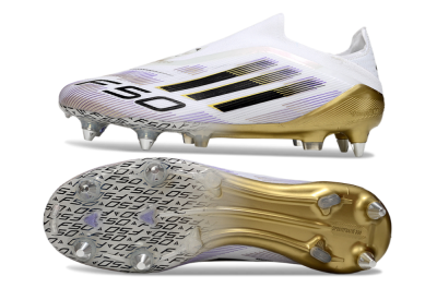 Men's Adidas F50 Elite Laceless SG Football Boots - White/Purple/Gold