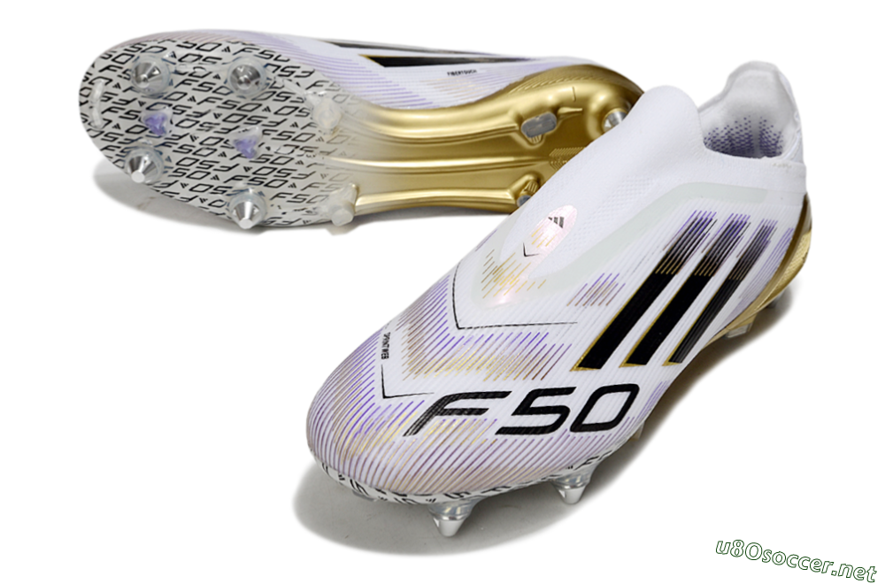 Men's Adidas F50 Elite Laceless SG Football Boots - White/Purple/Gold 3