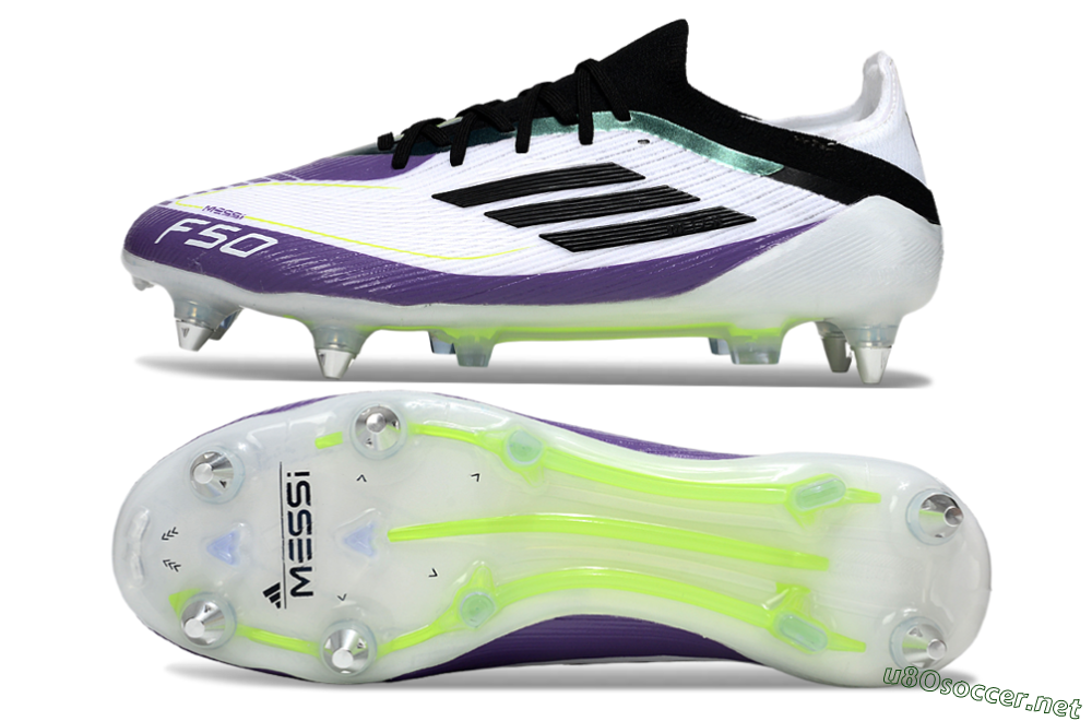 Men's Messi x Adidas F50 Elite SG Football Boots - White/Purple/Black 1