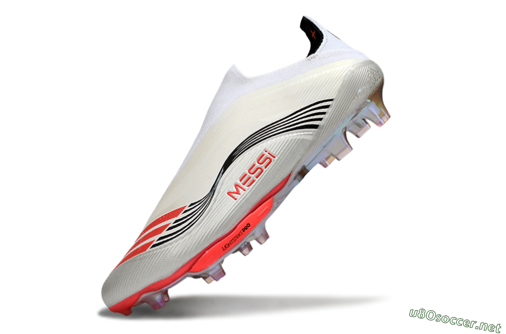 Men's Messi x Adidas F50+ Elite Laceless FG Football Boots - Silver/Red/Black 5