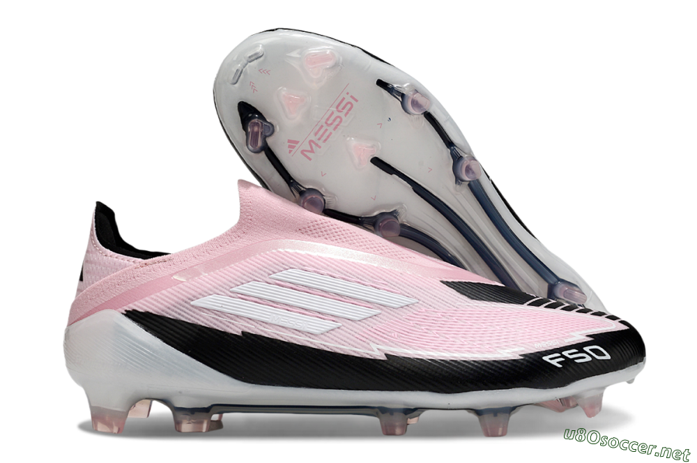 Men's Messi x Adidas F50 Elite Laceless FG Football Boots - Pink/Black/Whtie 2