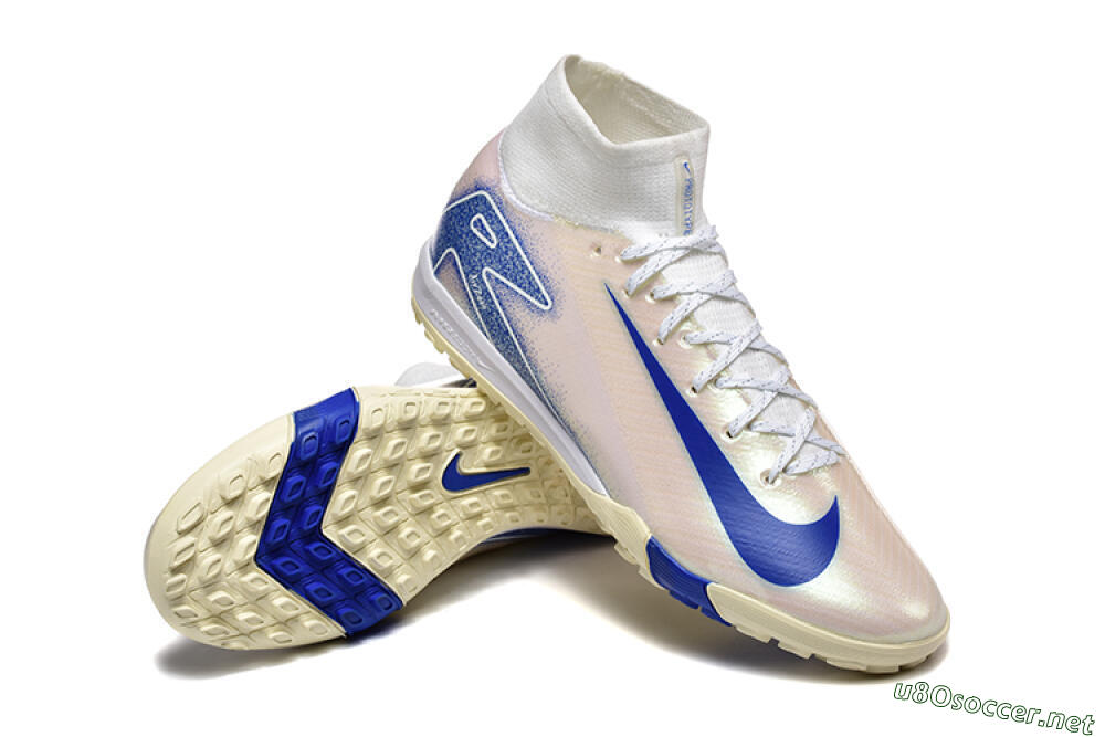 Men's Nike Air Zoom Mercurial Superfly 10 Elite TF Football Shoes - Beige/White/Blue 4