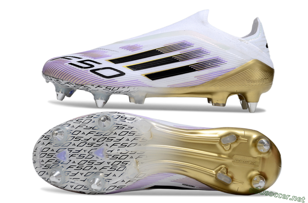 Men's Adidas F50 Elite Laceless SG Football Boots - White/Purple/Gold 1