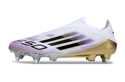 Men's Adidas F50 Elite Laceless SG Football Boots - White/Purple/Gold