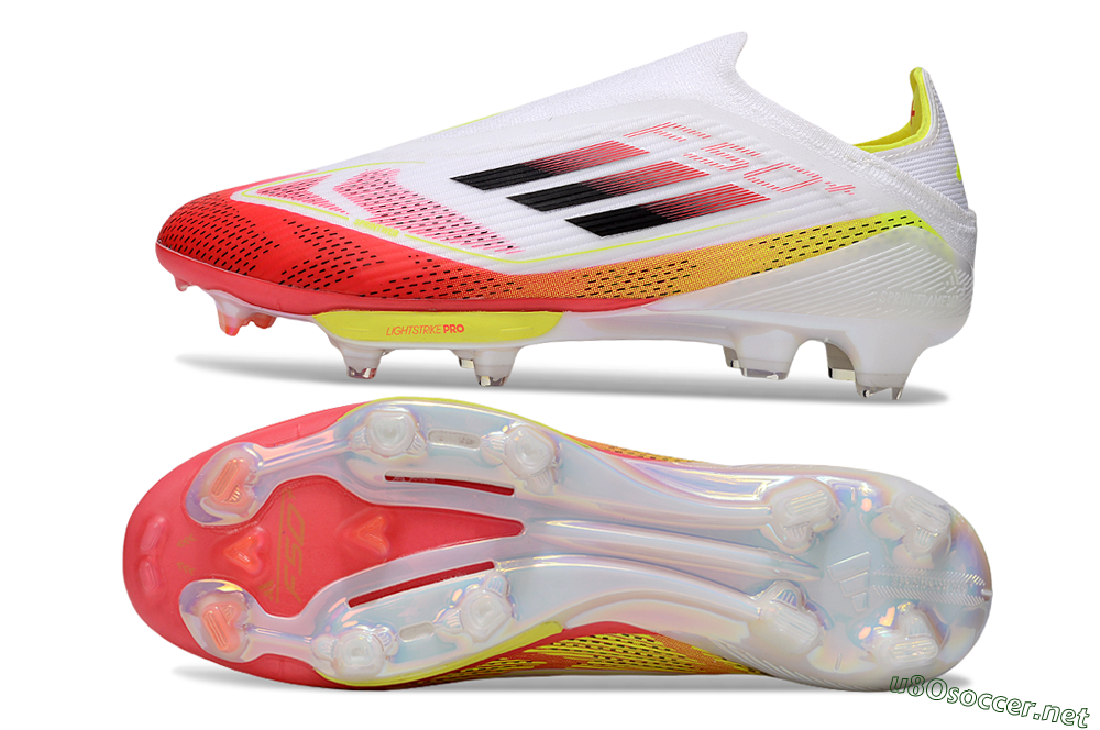 Unisex Adidas F50+ Elite Lightstrike Pro Laceless FG Football Boots - White/Red/Yellow 1