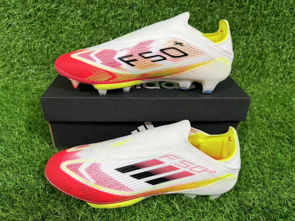 Unisex Adidas F50+ Elite Lightstrike Pro Laceless FG Football Boots - White/Red/Yellow
