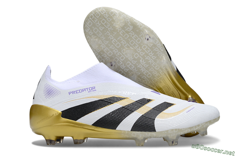 Unisex Adidas Predator 25 Elite Laceless FG Football Boots - White/Black/Gold 2