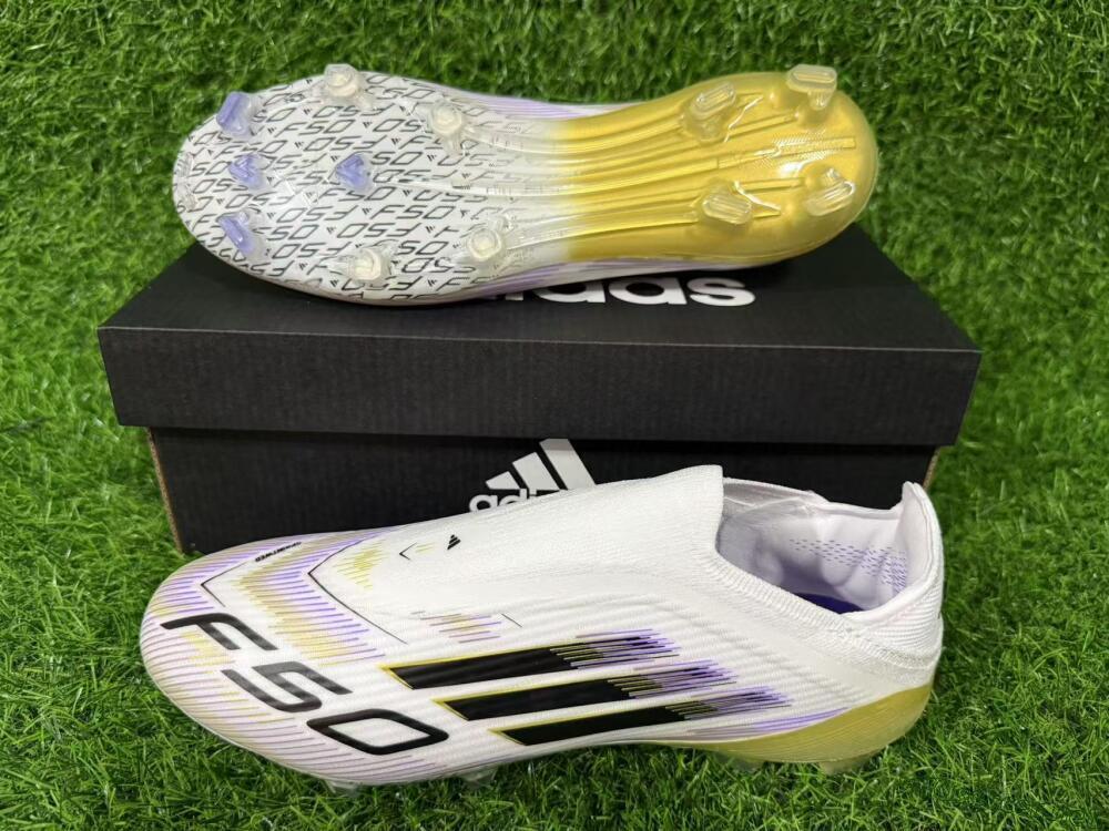Unisex Adidas F50 Elite Laceless FG Football Boots - White/Purple/Black/Gold