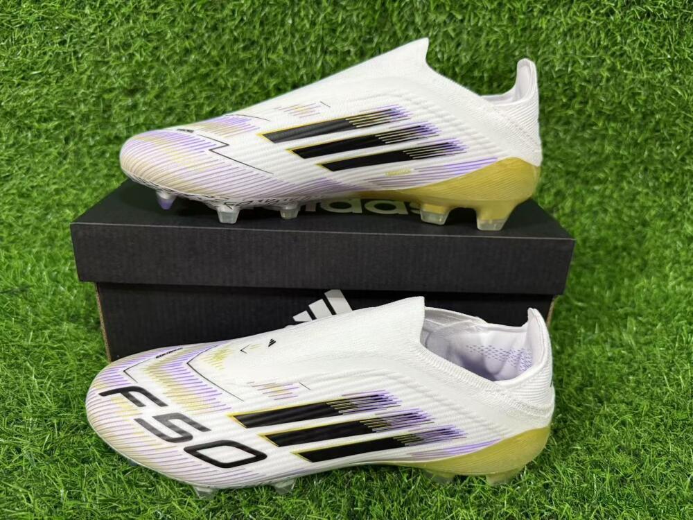 Unisex Adidas F50 Elite Laceless FG Football Boots - White/Purple/Black/Gold