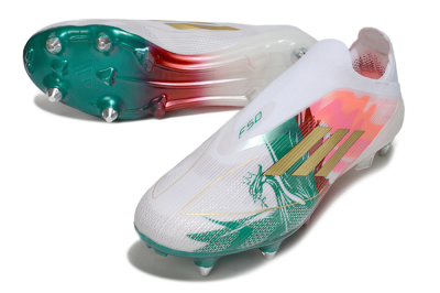 Men's Adidas F50 Elite Laceless SG Football Boots - White/Green/Gold/Red