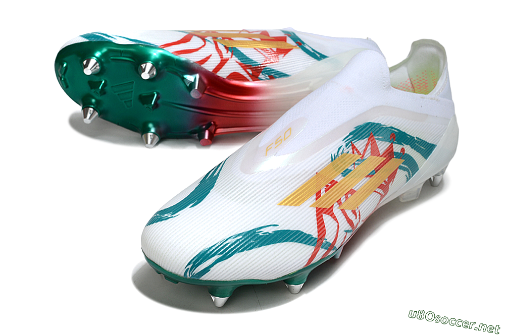 Men's Adidas F50 Elite Laceless SG Football Boots - White/Green/Gold/Red 3
