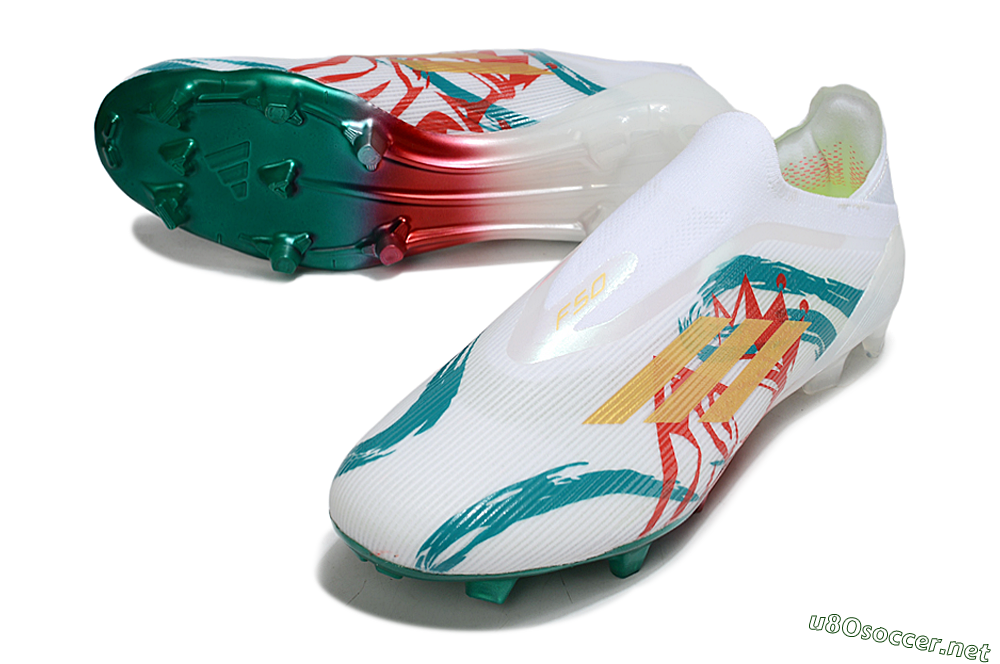 Unisex Adidas F50 Elite Laceless FG Football Boots - White/Green/Gold/Red 3