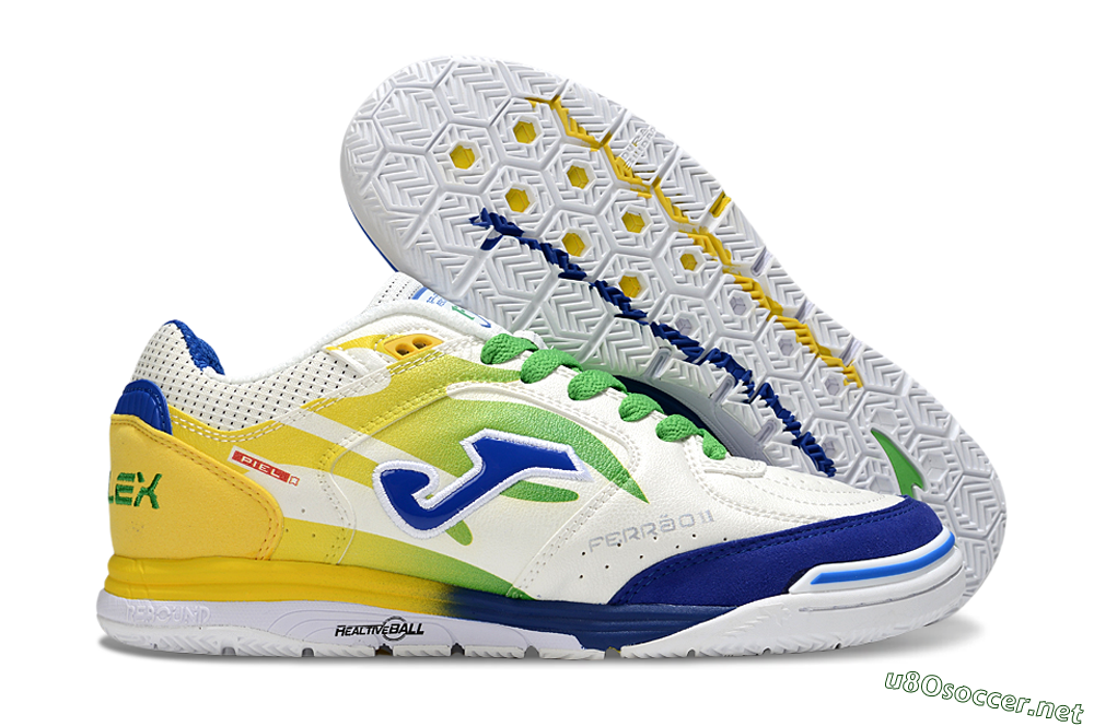 Men's Joma Top Flex IC Football Shoes - White/Blue/Yellow 2