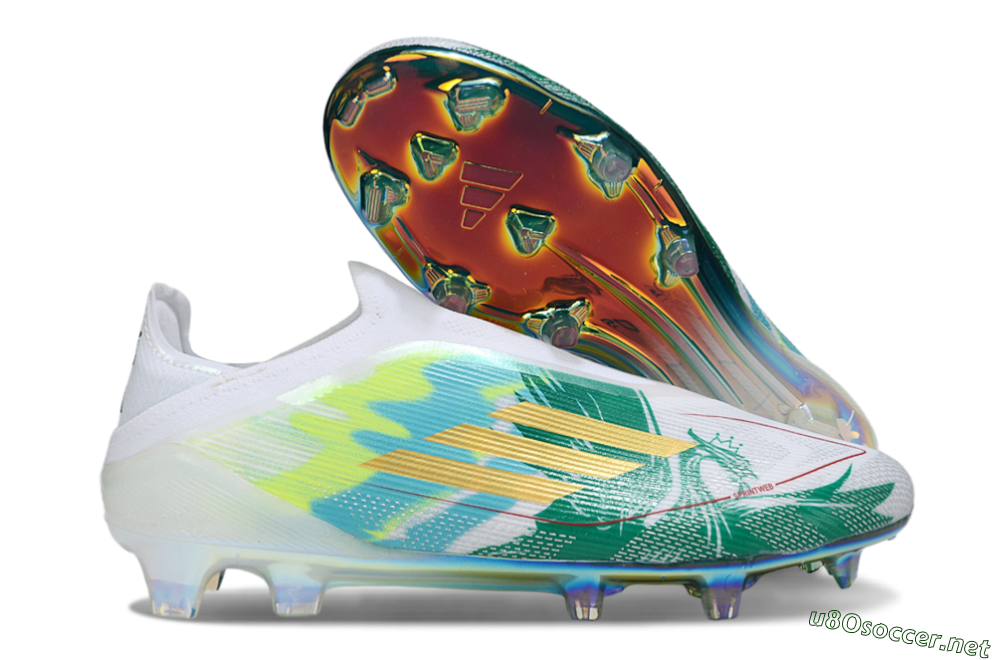 Unisex Adidas F50 Elite Laceless FG Football Boots - White/Green/Gold 2