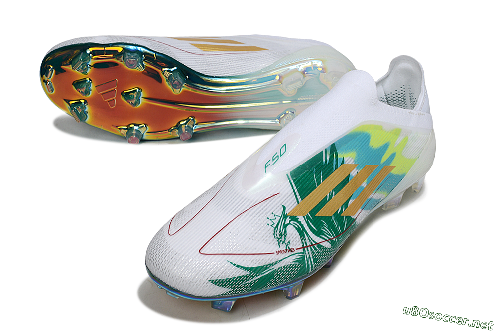 Unisex Adidas F50 Elite Laceless FG Football Boots - White/Green/Gold 3