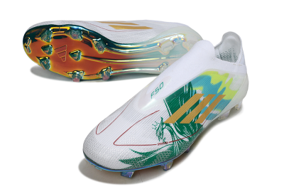 Unisex Adidas F50 Elite Laceless FG Football Boots - White/Green/Gold