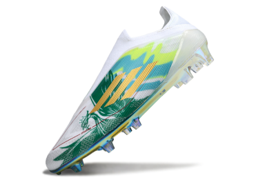 Unisex Adidas F50 Elite Laceless FG Football Boots - White/Green/Gold