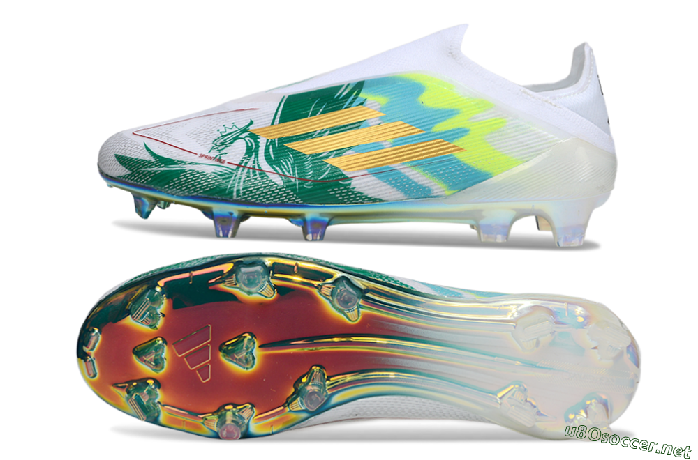 Unisex Adidas F50 Elite Laceless FG Football Boots - White/Green/Gold 1
