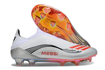 Men's Messi x Adidas F50 Pro Laceless FG Football Boots - Silver/White/Red