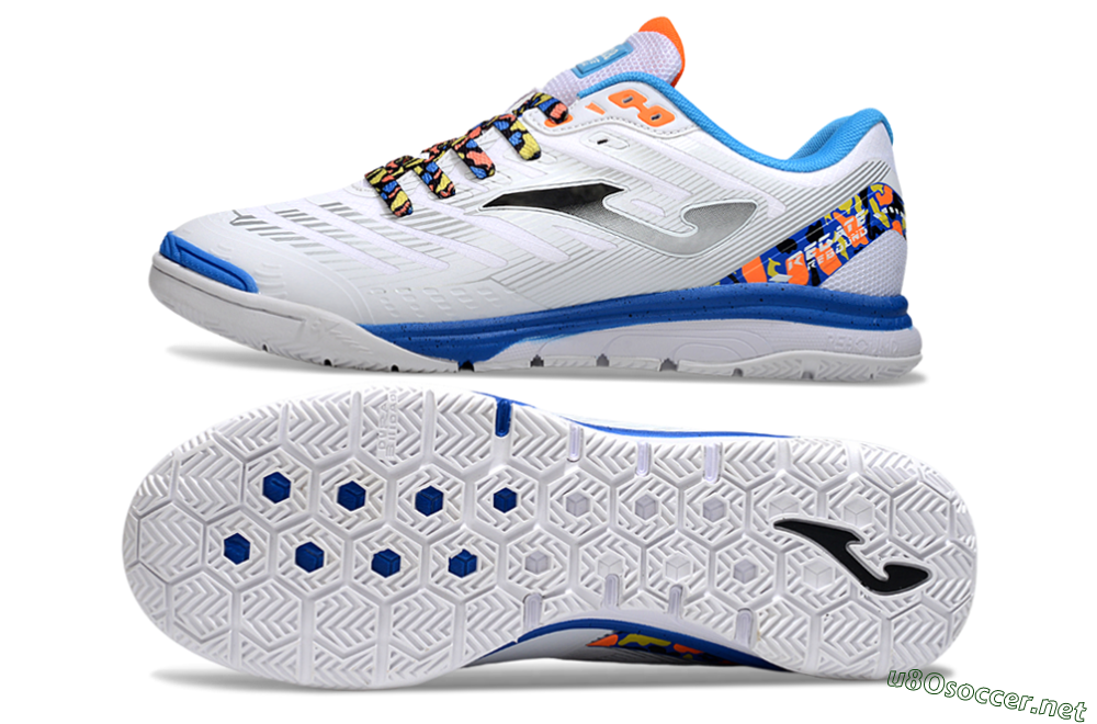 Men's Joma Top Flex IC Football Shoes - White/Silver/Blue 1