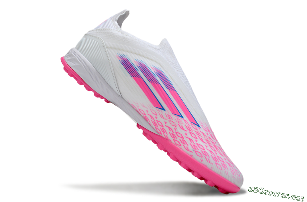 Unisex Adidas F50 Elite Laceless TF Football Shoes - White/Neon Pink/Sky Blue 5