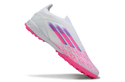 Unisex Adidas F50 Elite Laceless TF Football Shoes - White/Neon Pink/Sky Blue