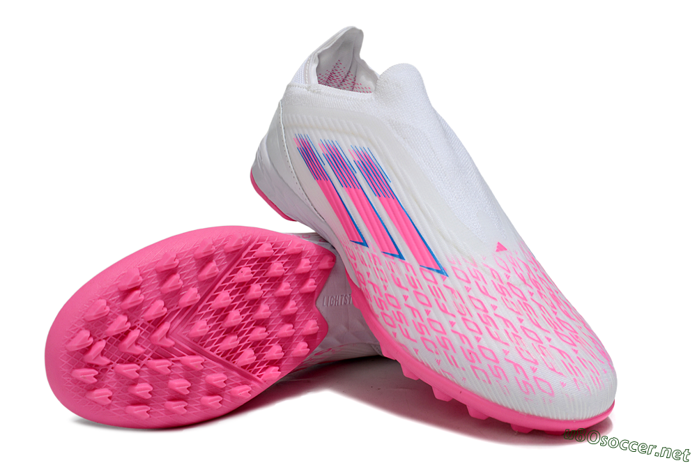 Unisex Adidas F50 Elite Laceless TF Football Shoes - White/Neon Pink/Sky Blue 4