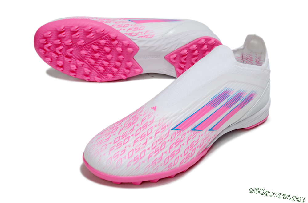 Unisex Adidas F50 Elite Laceless TF Football Shoes - White/Neon Pink/Sky Blue 3