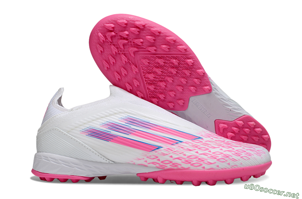 Unisex Adidas F50 Elite Laceless TF Football Shoes - White/Neon Pink/Sky Blue 2