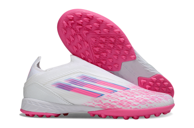 Unisex Adidas F50 Elite Laceless TF Football Shoes - White/Neon Pink/Sky Blue