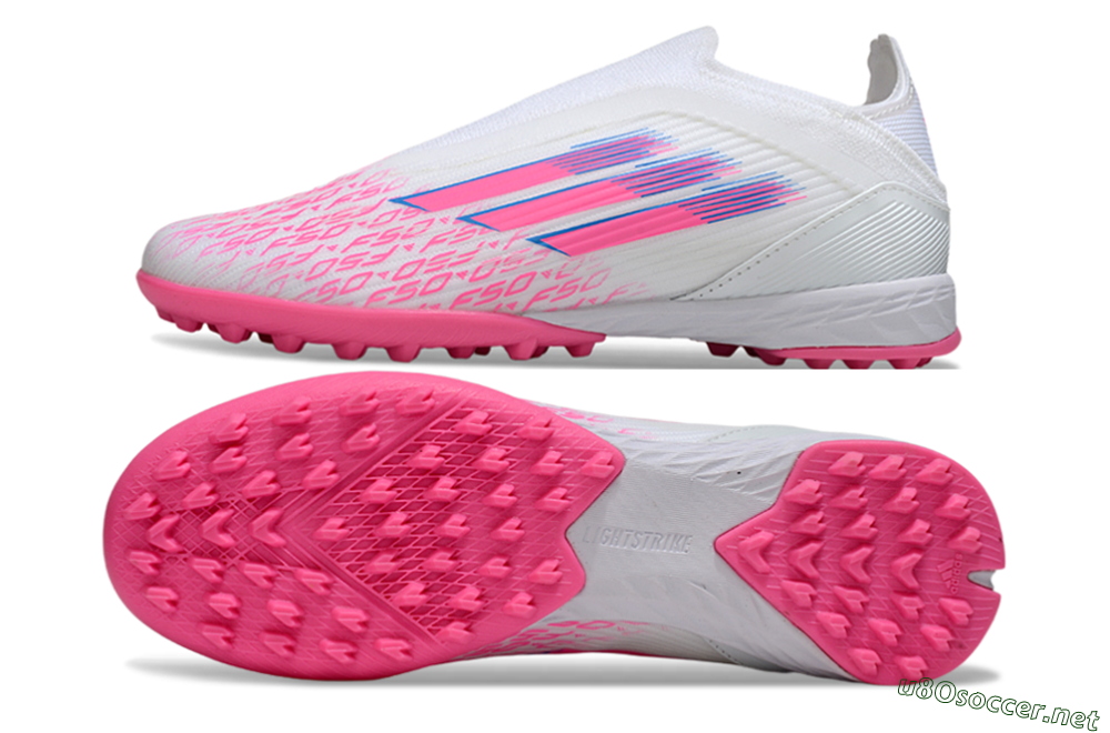 Unisex Adidas F50 Elite Laceless TF Football Shoes - White/Neon Pink/Sky Blue 1