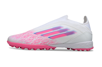 Unisex Adidas F50 Elite Laceless TF Football Shoes - White/Neon Pink/Sky Blue
