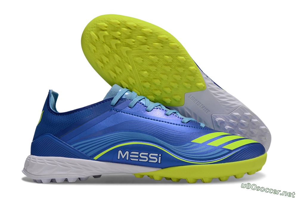 Men's Messi x Adidas F50 Pro TF Football Shoes - Blue/Electric Blue/Lime Green 2