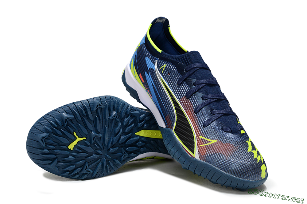 Men's Puma Ultra Ultimate TF Football Shoes - Blue/Neon Green/Orange 3