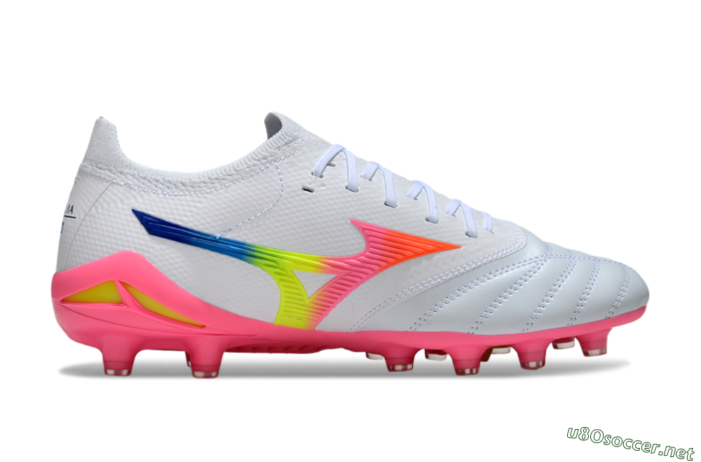 Men's Mizuno Morelia Neo 4 FG Football Boots - White/Vibrant Pink/Neon Yellow 5