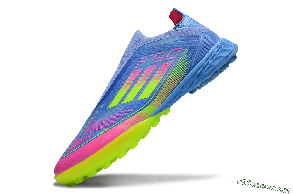 Unisex Adidas F50 Pro Laceless TF Football Shoes - Blue/Neon Green/Fluorescent Pink 5