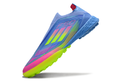 Unisex Adidas F50 Pro Laceless TF Football Shoes - Blue/Neon Green/Fluorescent Pink