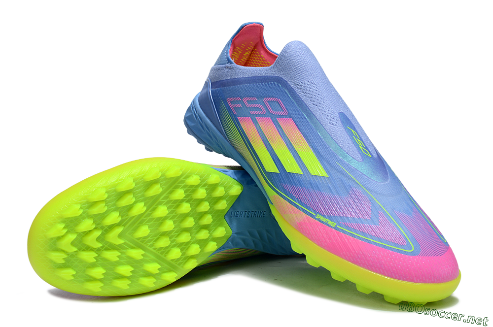 Unisex Adidas F50 Pro Laceless TF Football Shoes - Blue/Neon Green/Fluorescent Pink 3