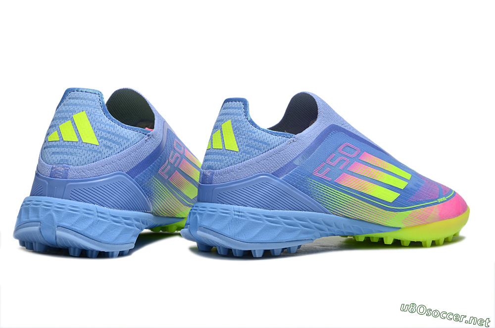 Unisex Adidas F50 Pro Laceless TF Football Shoes - Blue/Neon Green/Fluorescent Pink 6