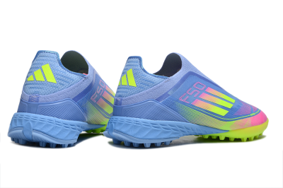 Unisex Adidas F50 Pro Laceless TF Football Shoes - Blue/Neon Green/Fluorescent Pink