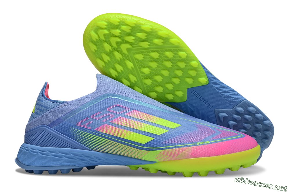 Unisex Adidas F50 Pro Laceless TF Football Shoes - Blue/Neon Green/Fluorescent Pink 2