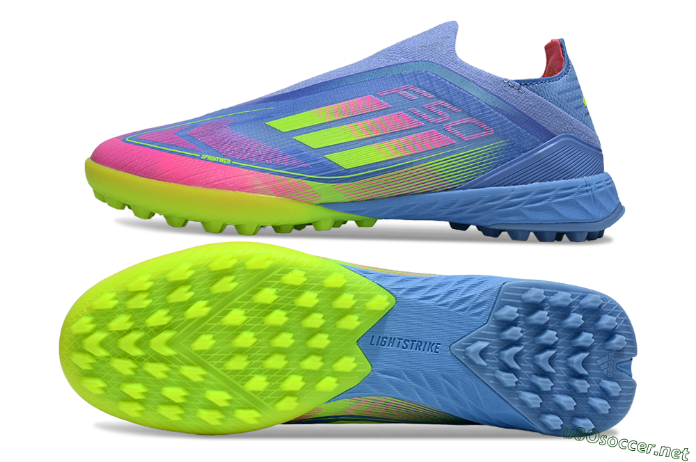 Unisex Adidas F50 Pro Laceless TF Football Shoes - Blue/Neon Green/Fluorescent Pink 1